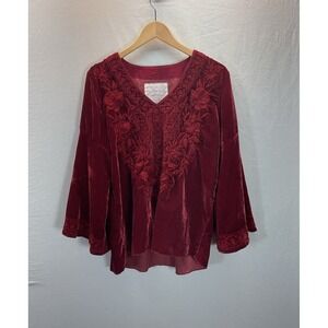 KARYN SEO CAITE Burgundy Velvet Embroidered Bell Sleeve Blouse Women L Boho
